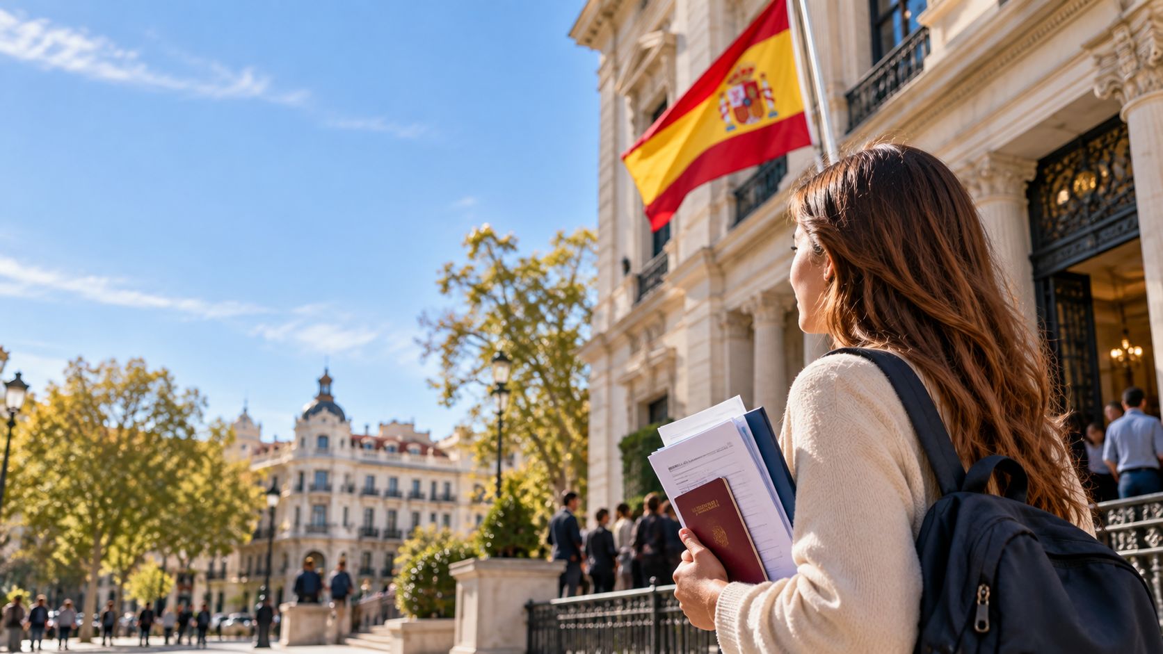 Estudiante frente a un edificio universitario español con la bandera de España