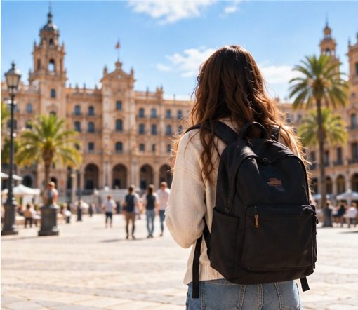 Estudiante internacional llegando a una ciudad de España