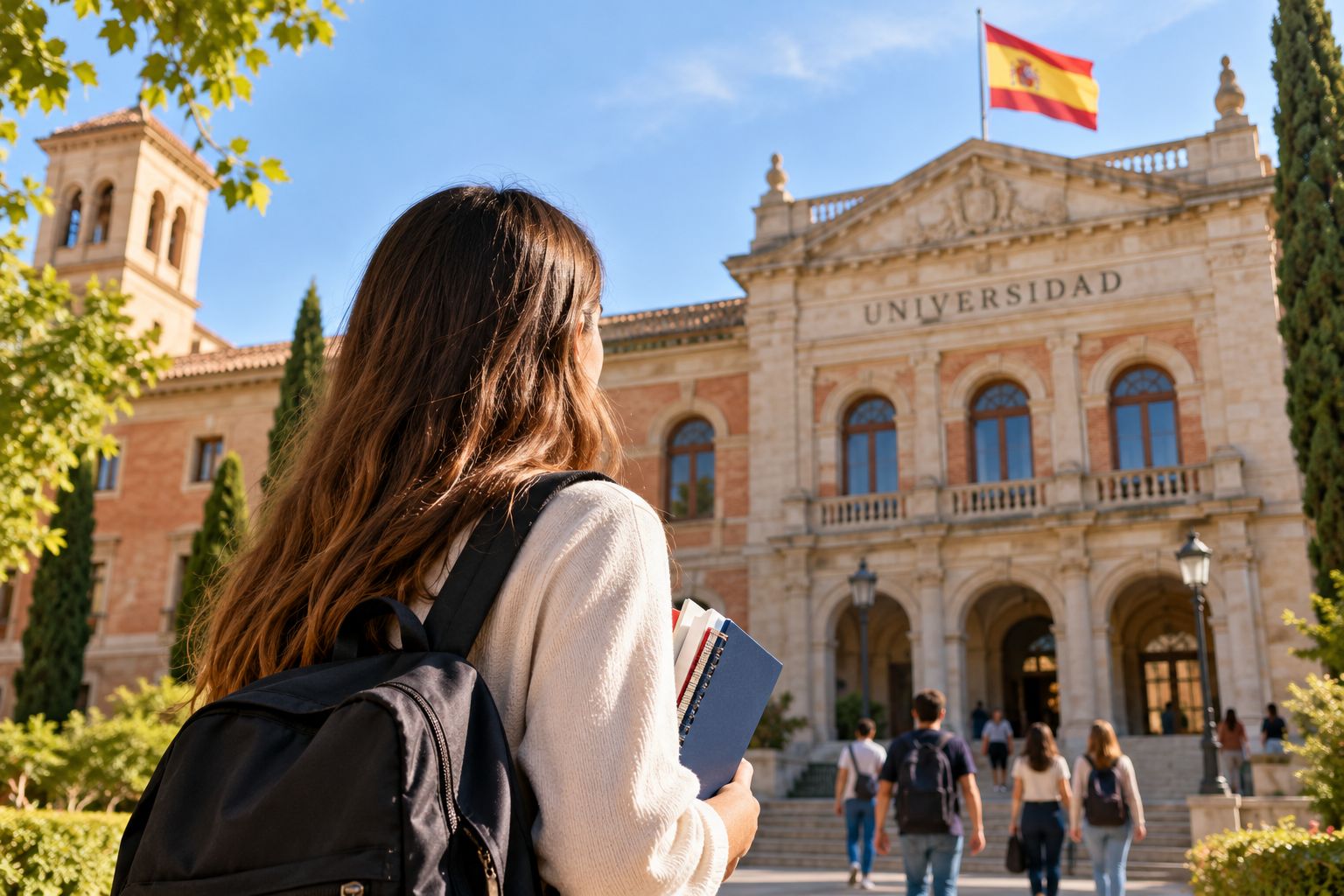 Estudiante con pasaporte y documentación frente a un edificio oficial español con la bandera de España